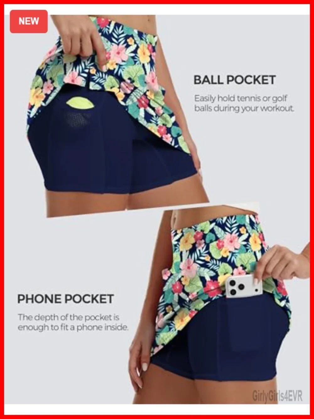 High Waisted Skort with 4 Pockets, Side Slit, Mesh Built-in Shorts, Athletic
